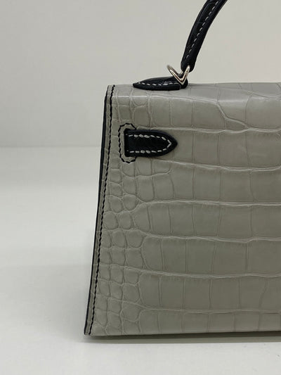 Hermes Mini Kelly Alligator Panda Gris Perle & Noir PHW HSS