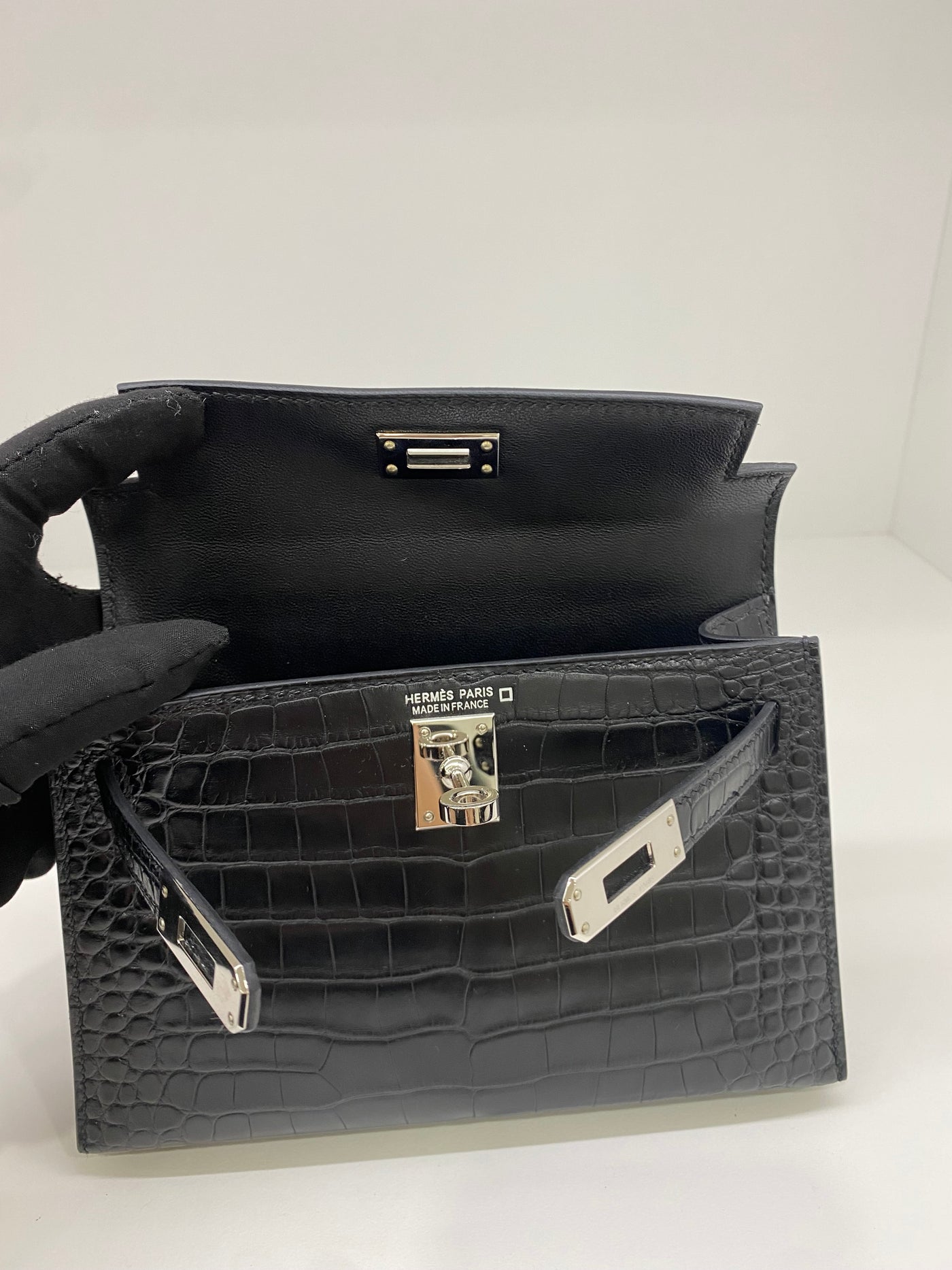 Hermes Mini Kelly Matte Mississippiensis Alligator Noir PHW
