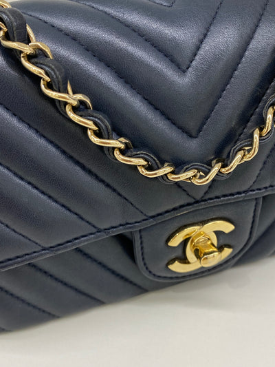 Chanel Navy Classic Rectangle Mini in Chevron Style - GHW