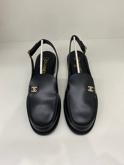 Chanel Diamante Slingback Loafers Black Size 38C