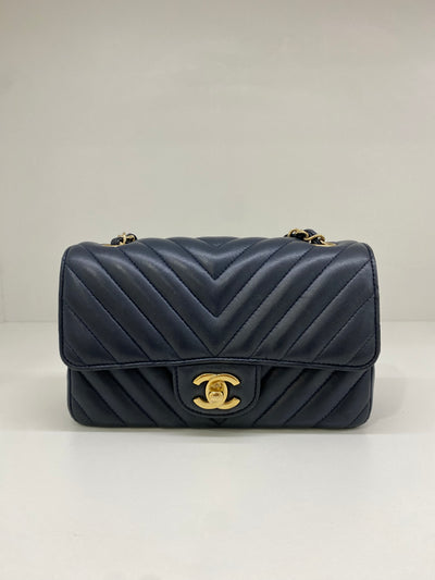 Chanel Navy Classic Rectangle Mini in Chevron Style - GHW