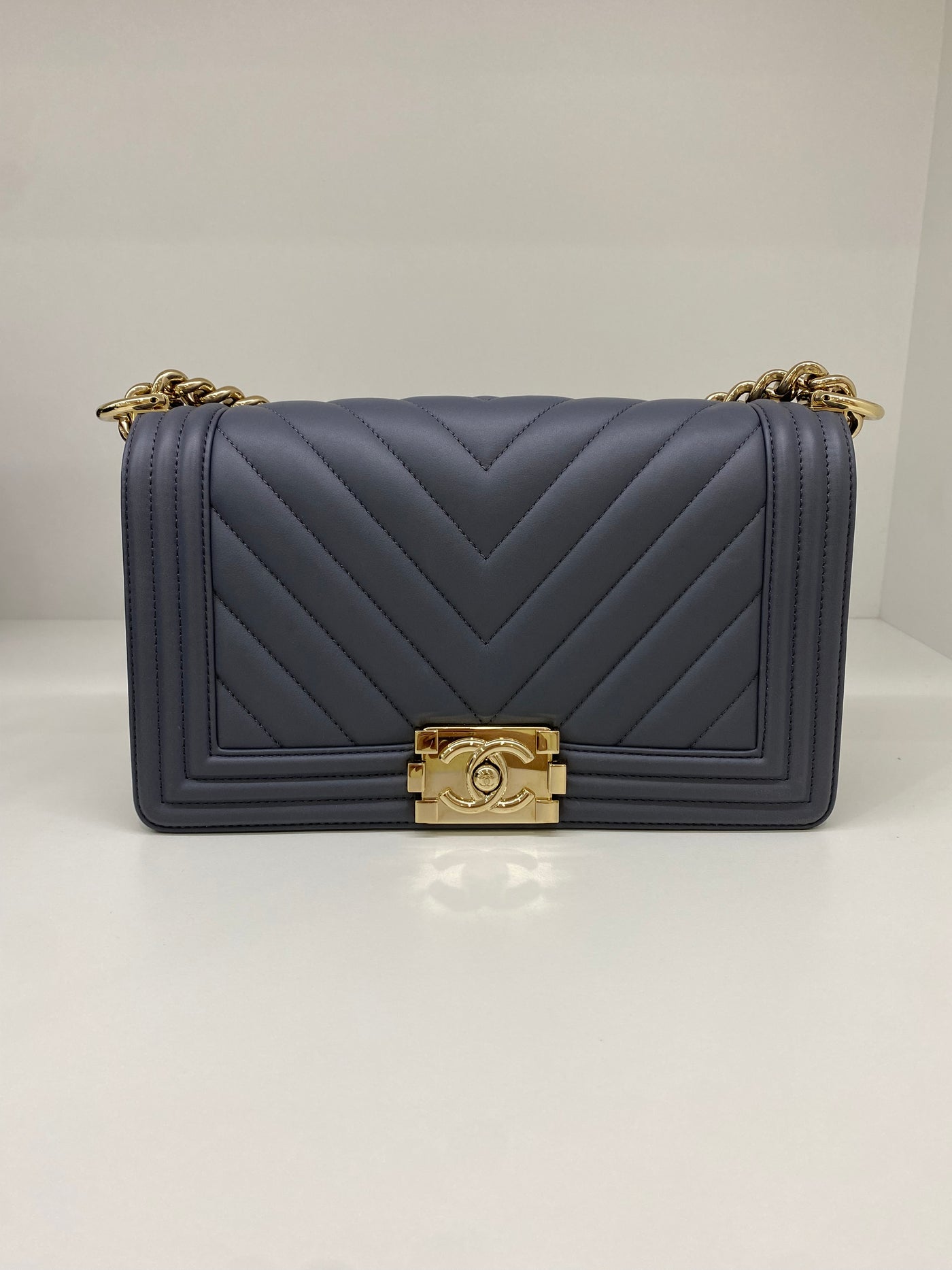 Chanel Boy Bag Chevron Grey Lambskin CGHW