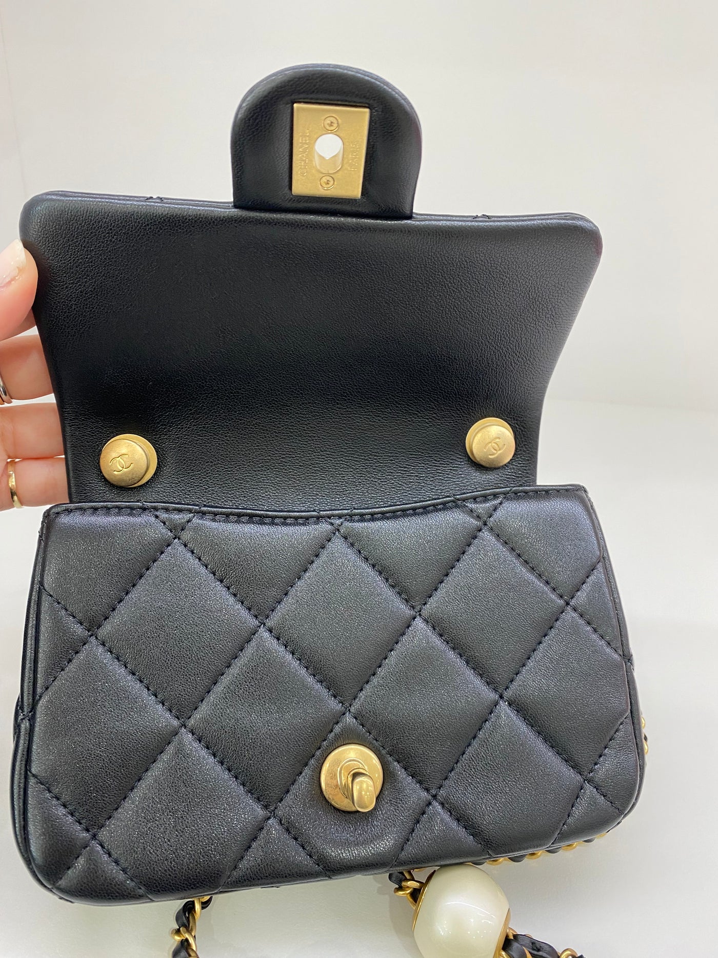 Chanel Mini Square Flap Black GHW Pearl Detail (adjustable chain)