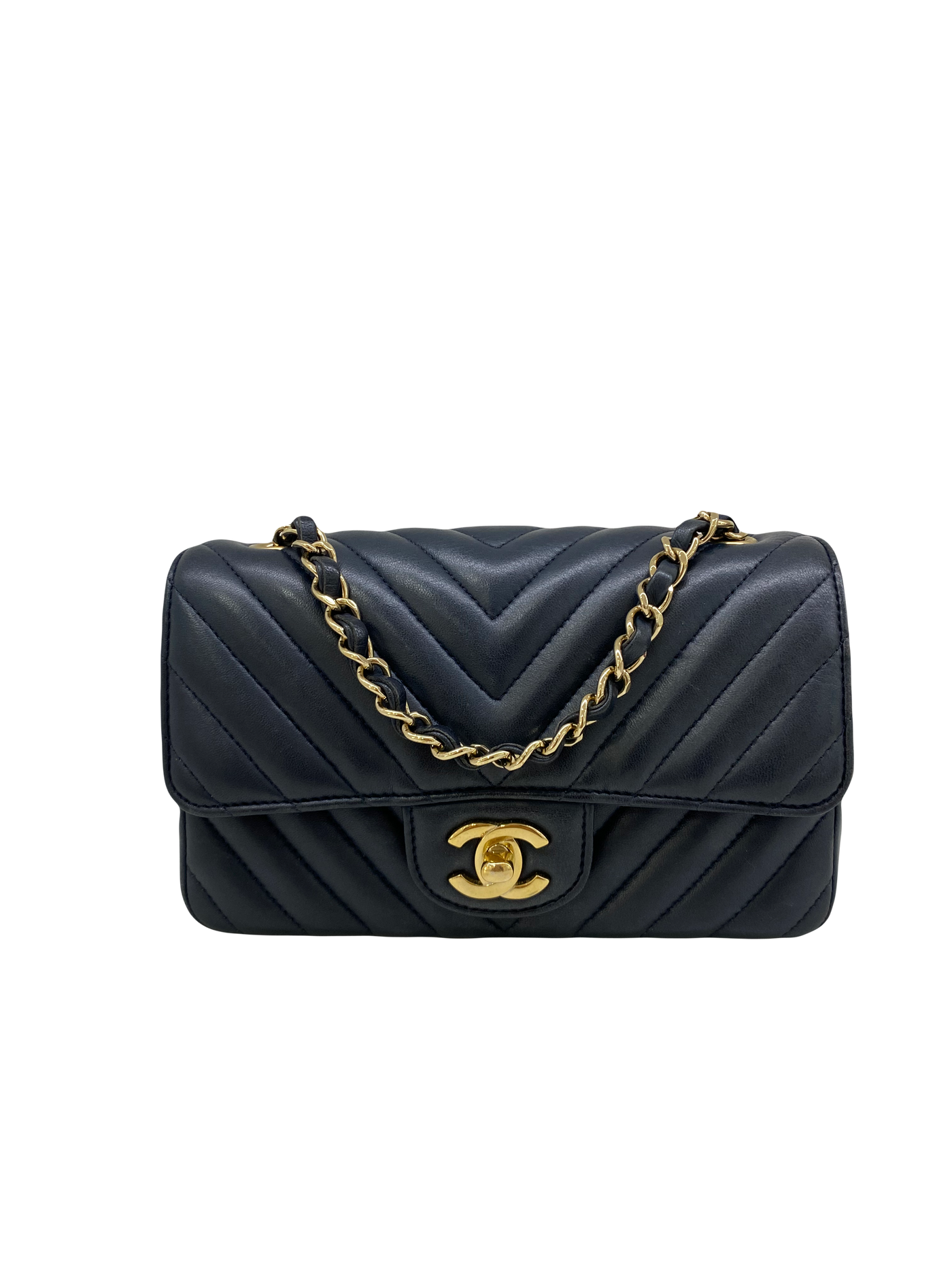 Chanel Navy Classic Rectangle Mini in Chevron Style - GHW