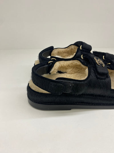 Chanel Dad Sandals Black Calf Hair Size 38