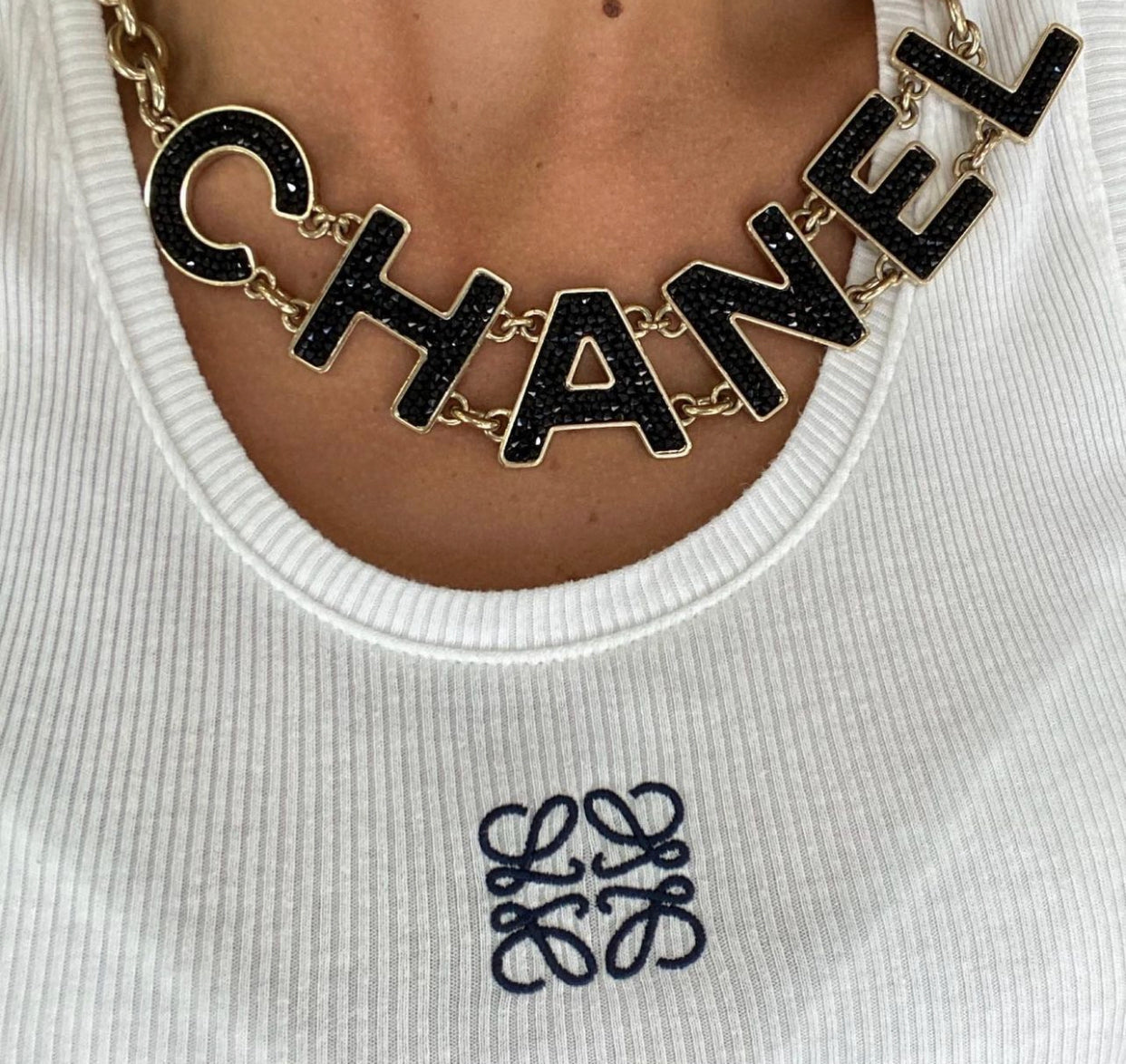 Chanel Black Crystal Chain ‘CHANEL’ Necklace