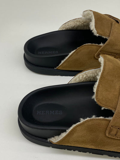 Hermes Go Mule Brown Suede & Shearling - Size 38.5