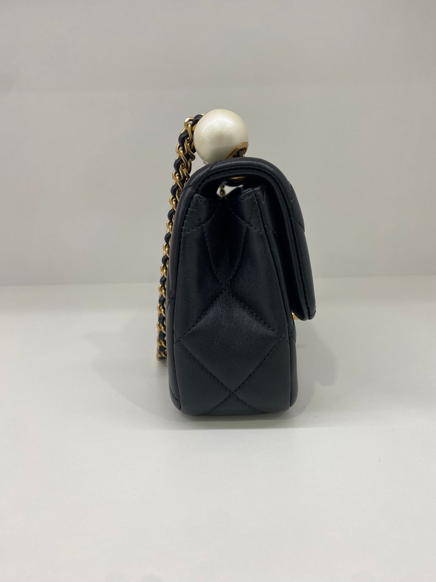 Chanel Small Flap Lambskin Pearl Detail Black GHW (Adjustable Strap)