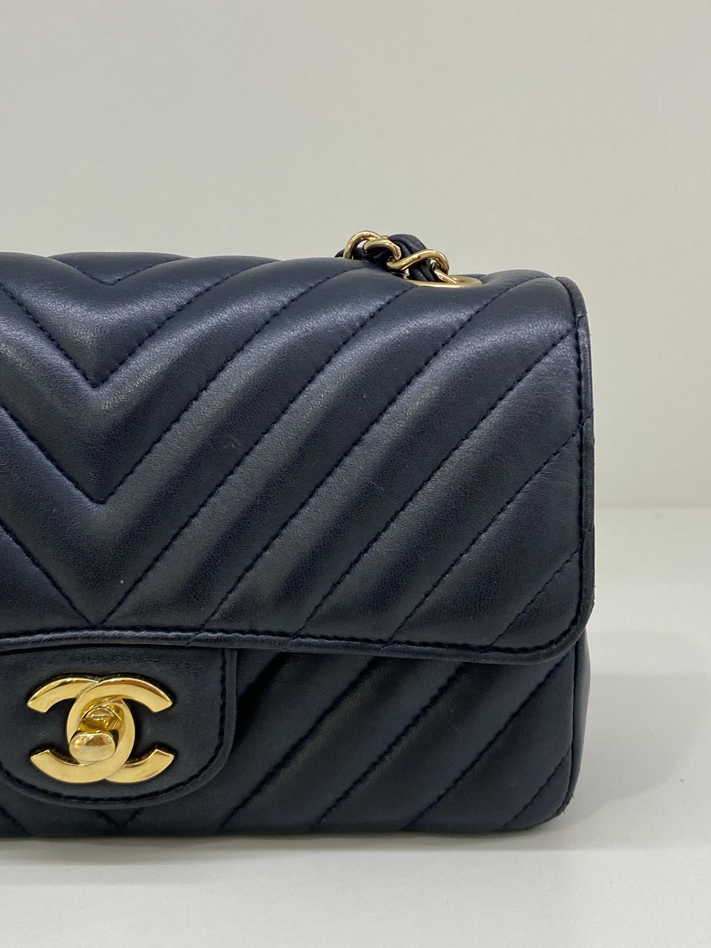 Chanel Navy Classic Rectangle Mini in Chevron Style - GHW