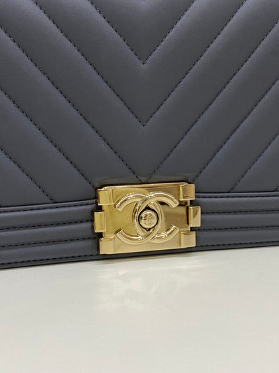 Chanel Boy Bag Chevron Grey Lambskin CGHW