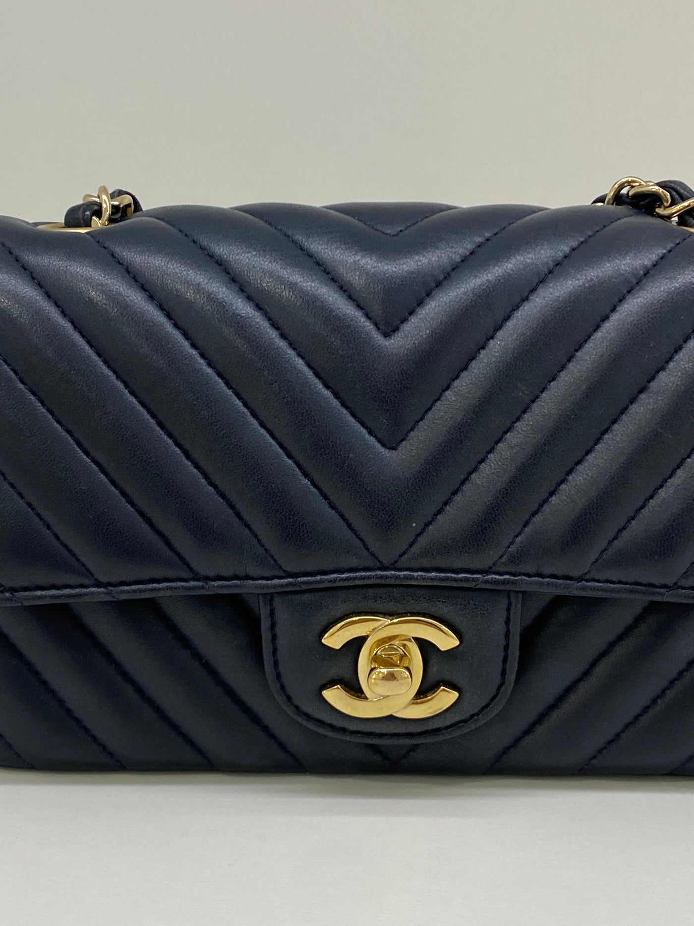 Chanel Navy Classic Rectangle Mini in Chevron Style - GHW