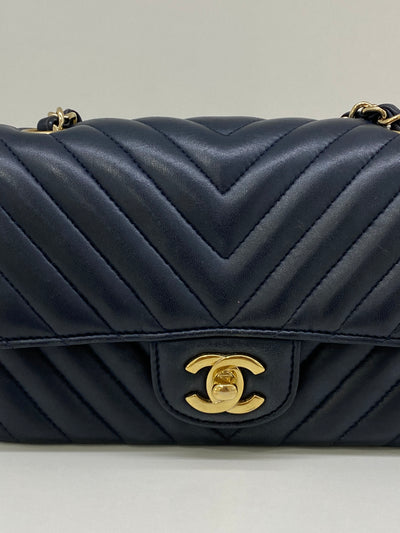 Chanel Navy Classic Rectangle Mini in Chevron Style - GHW