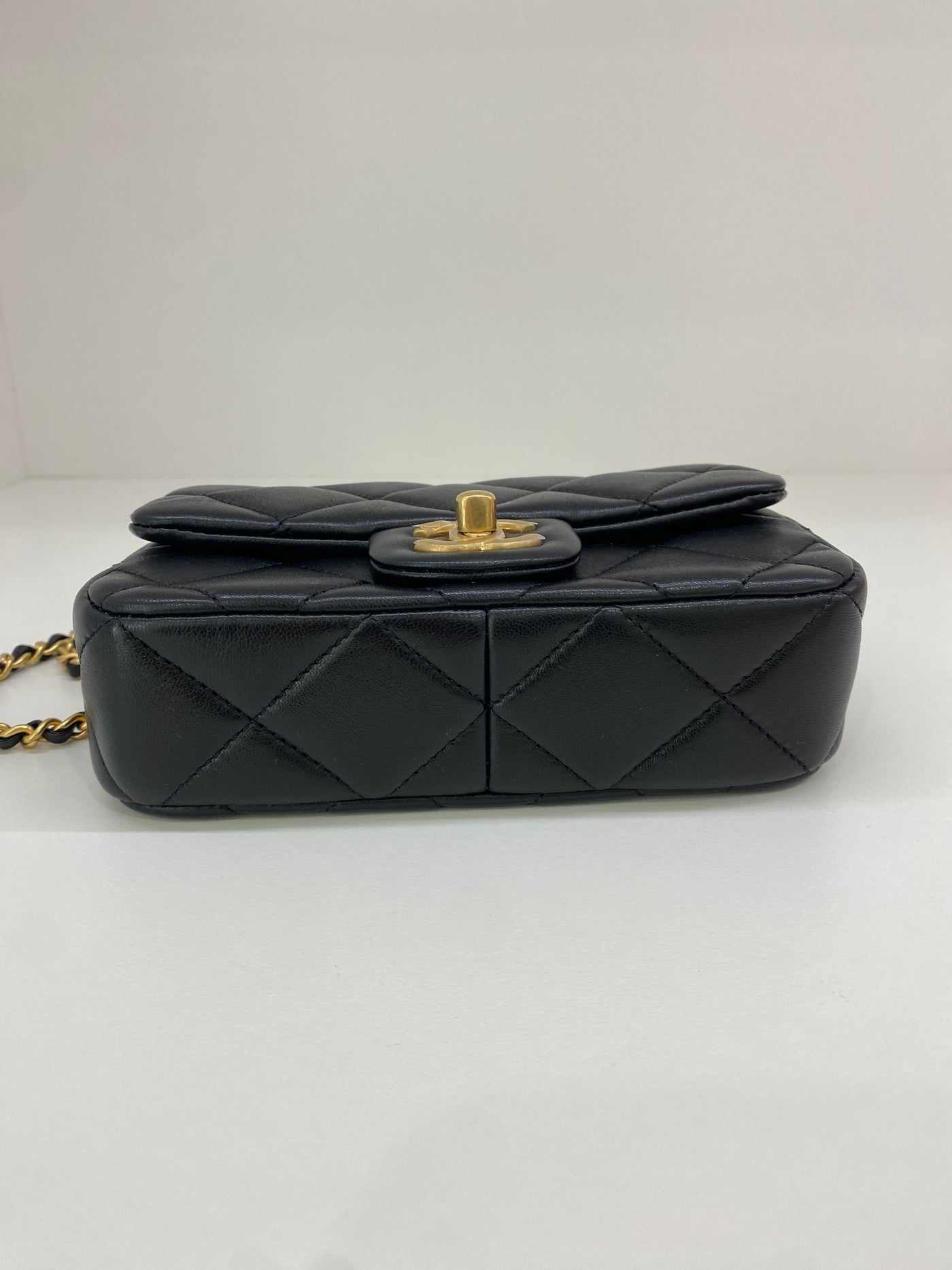 Chanel Mini Square Flap Black GHW Pearl Detail (adjustable chain)