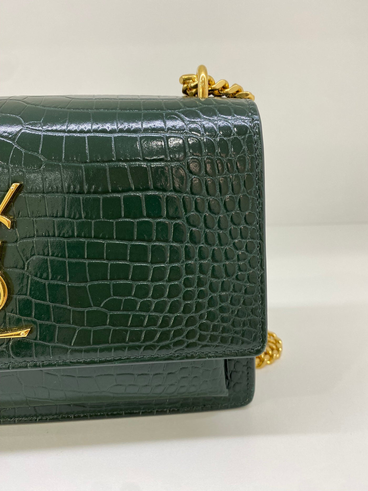 Saint Laurent Green Croc Embossed Medium Sunset Bag