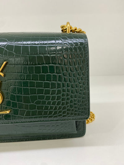 Saint Laurent Green Croc Embossed Medium Sunset Bag