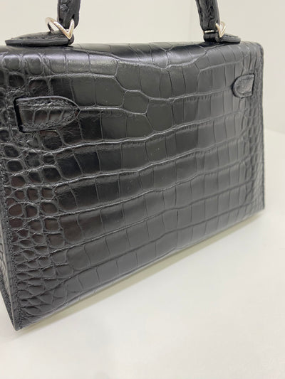 Hermes Mini Kelly Matte Mississippiensis Alligator Noir PHW