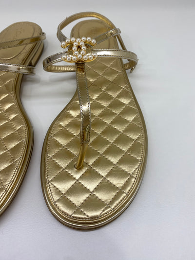 Chanel Gold Sandals Pearl Detail Size 40