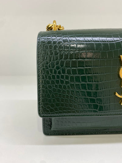 Saint Laurent Green Croc Embossed Medium Sunset Bag