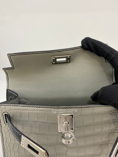 Hermes Mini Kelly Alligator Panda Gris Perle & Noir PHW HSS