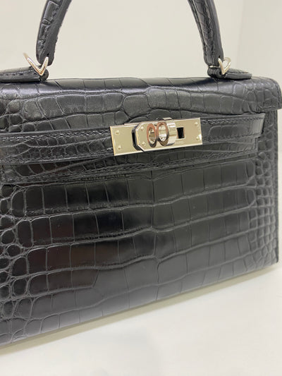 Hermes Mini Kelly Matte Mississippiensis Alligator Noir PHW