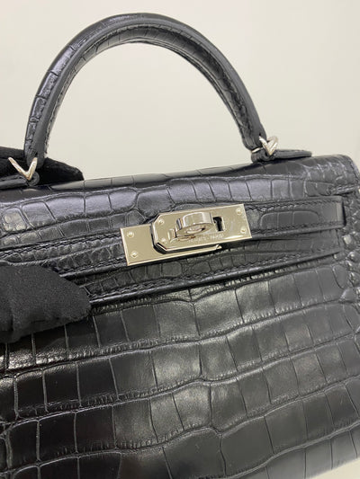 Hermes Mini Kelly Matte Mississippiensis Alligator Noir PHW