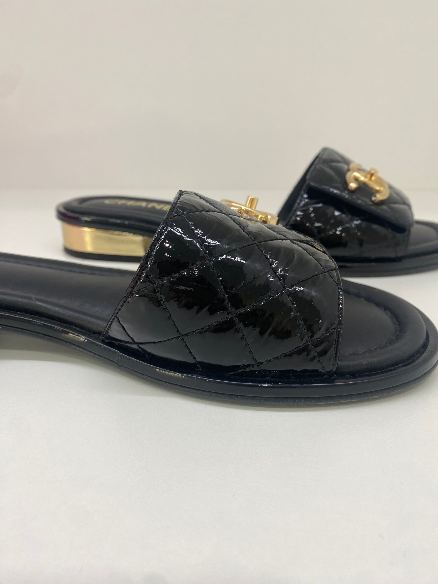 Chanel Black Patent Slides 38.5C