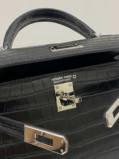 Hermes Mini Kelly Matte Mississippiensis Alligator Noir PHW