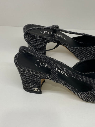 Chanel Slingback Black Tweed Size 38.5