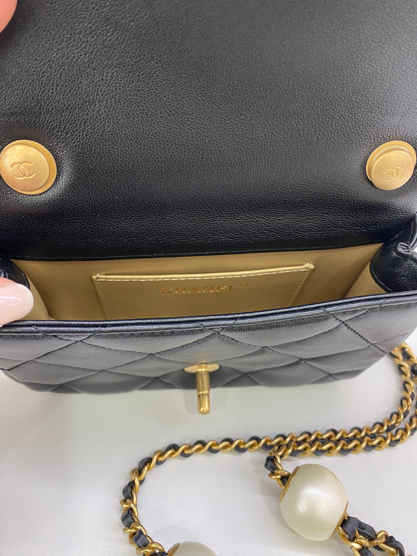 Chanel Mini Square Flap Black GHW Pearl Detail (adjustable chain)