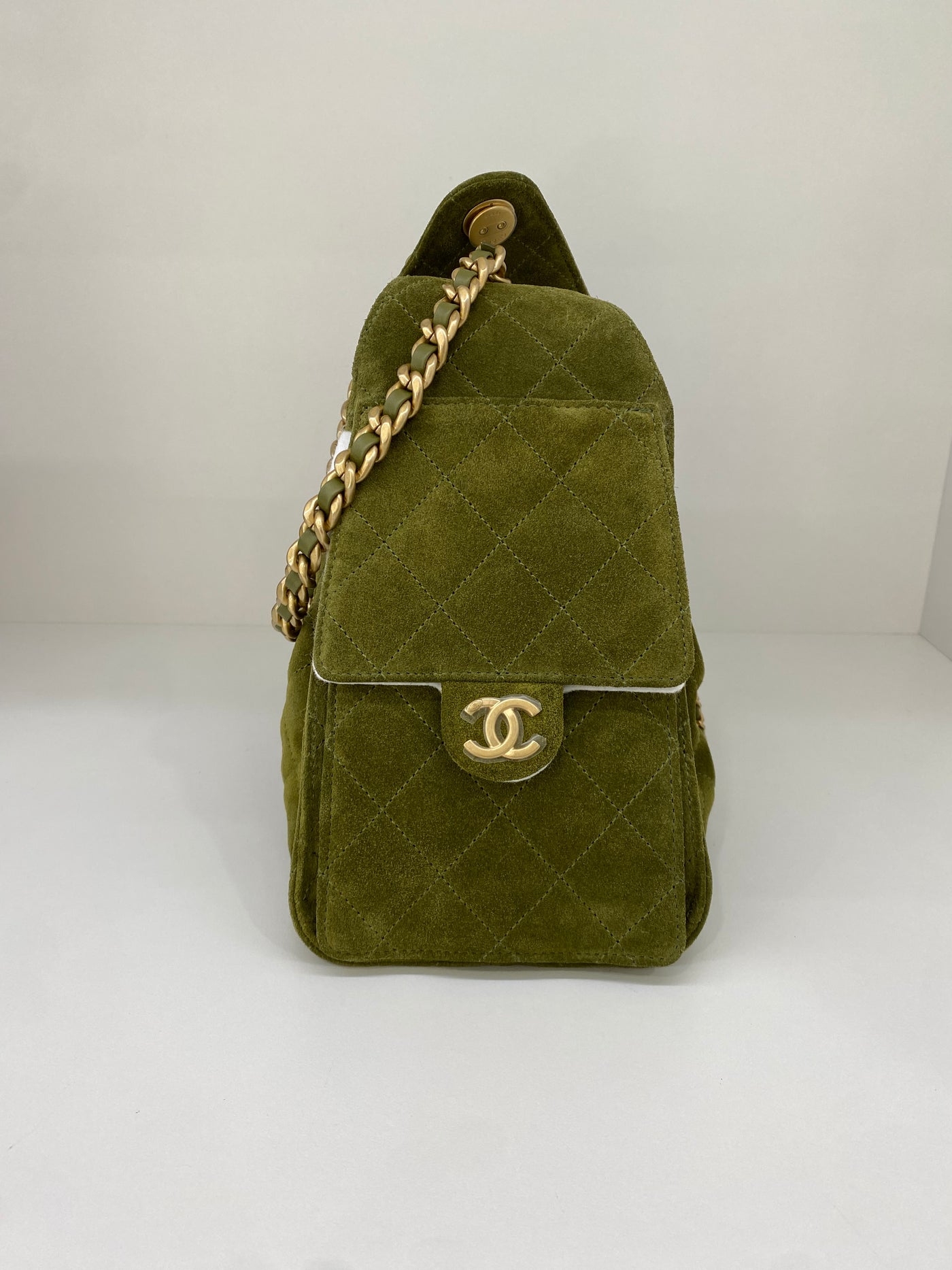Chanel 25 Bag Small Olive Green Suede GHW