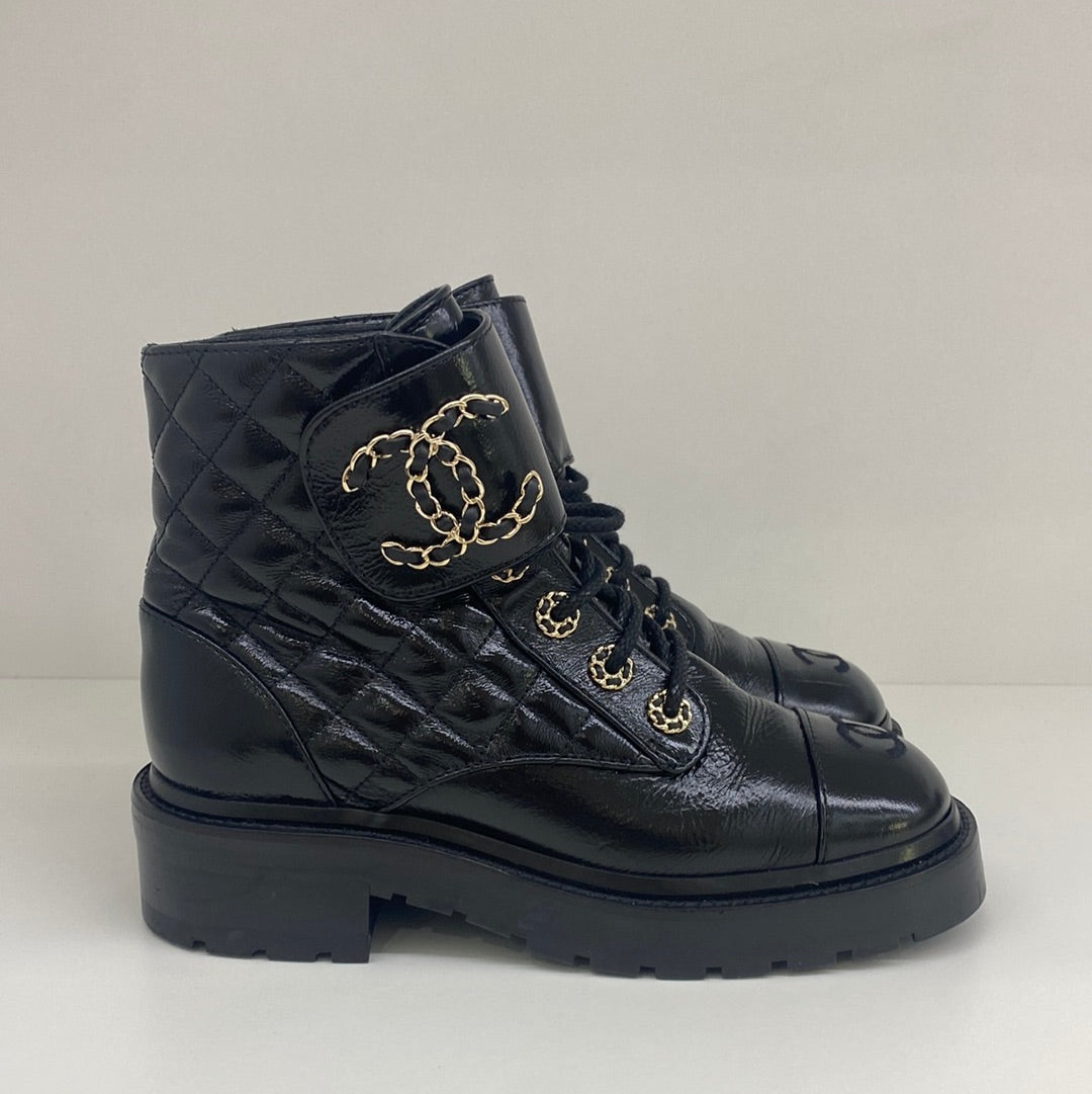 Chanel Combat Boots Black Patent - Size 35.5