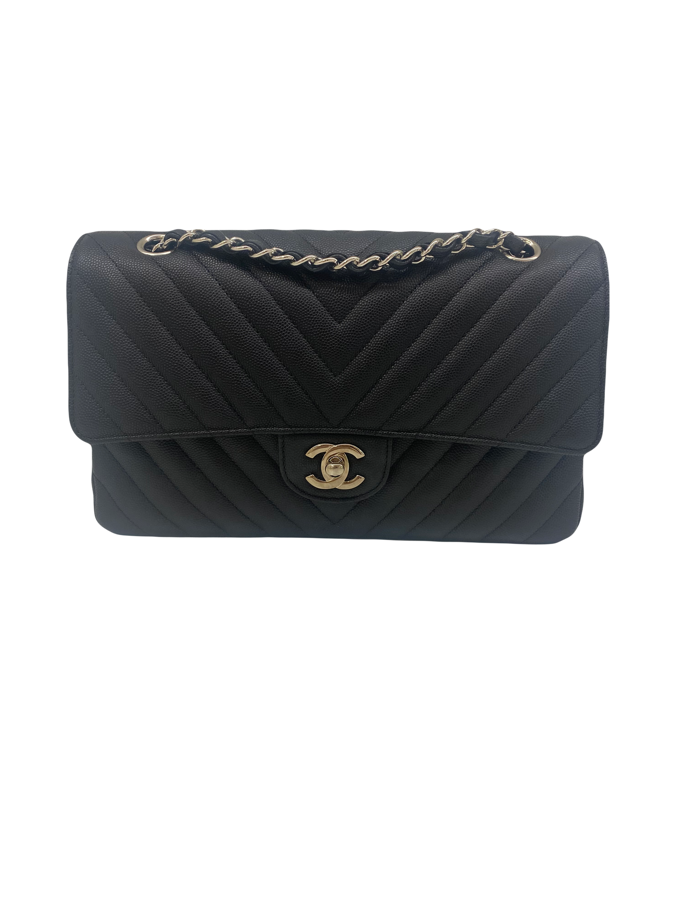 Chanel Classic flap Medium Black SHW Chevron Caviar 18c