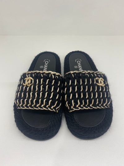 Chanel Black/Gold Woven Slides - Size 38 - SOLD