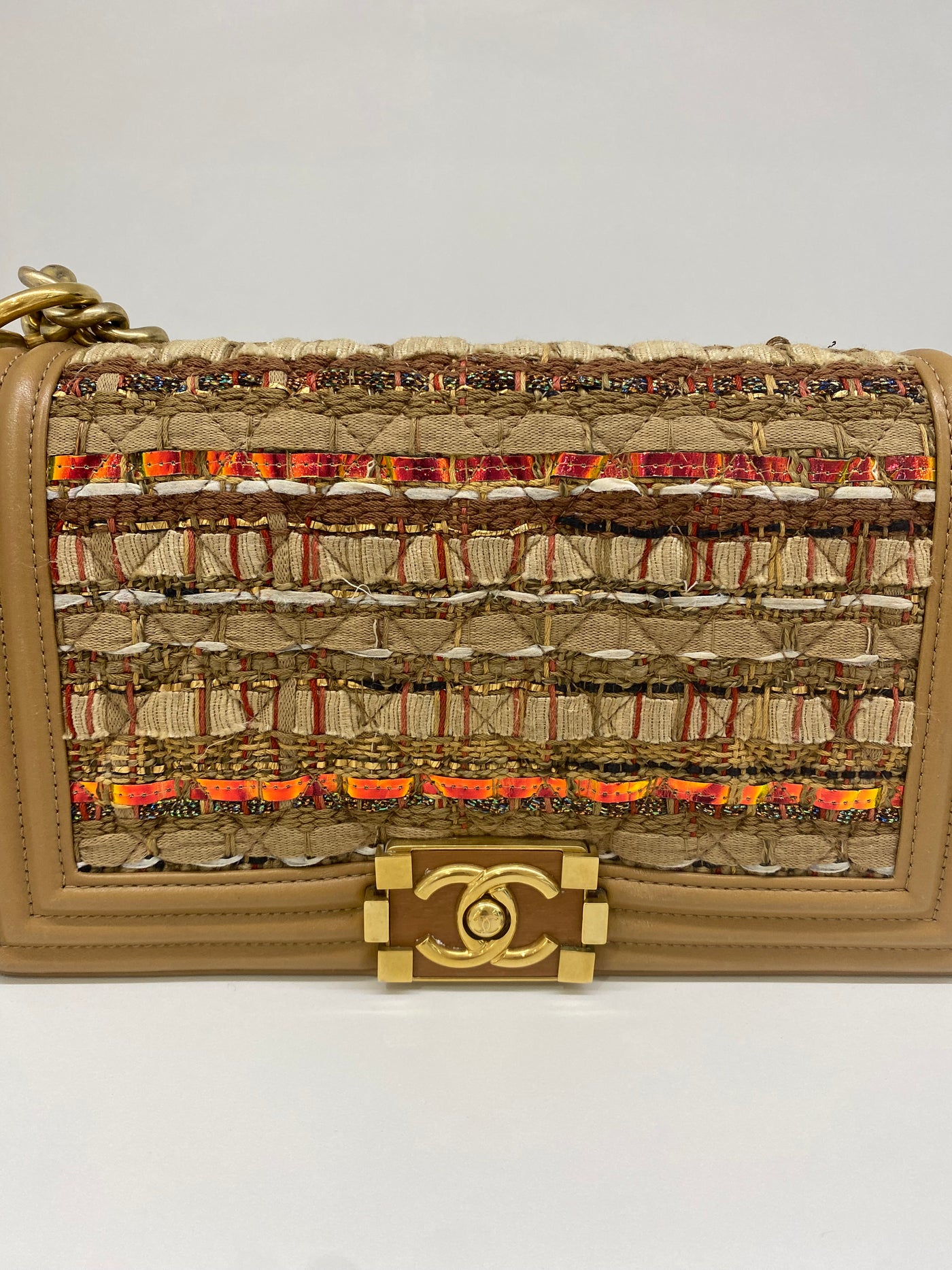 Chanel Tweed Medium Boy Bag Beige & Orange