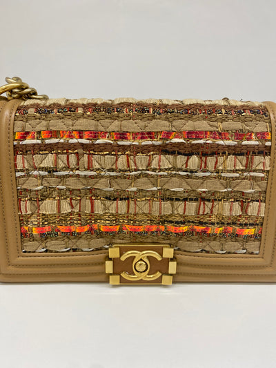 Chanel Tweed Medium Boy Bag Beige & Orange