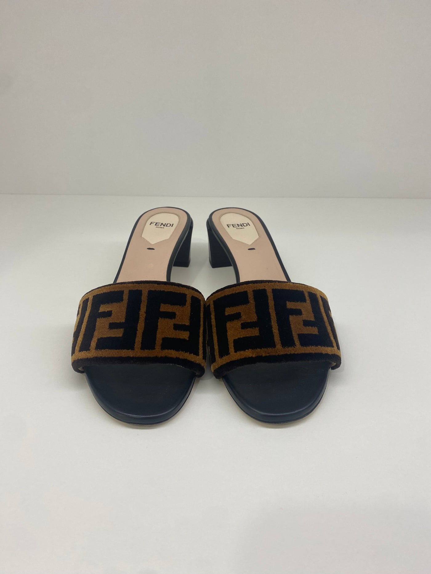 Fendi Logo Heeled Slides 36 SOLD