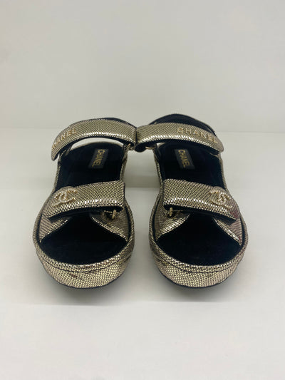 Chanel Black and Gold Metallic Dad Sandals 41