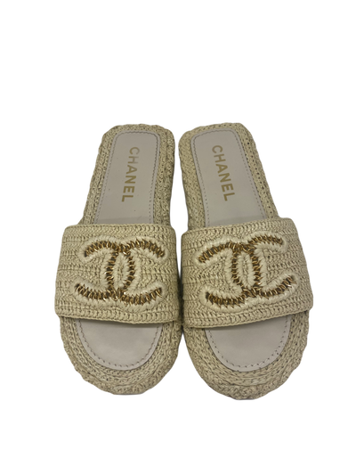 Chanel Beige Woven and Chain Slides Size 41 - SOLD