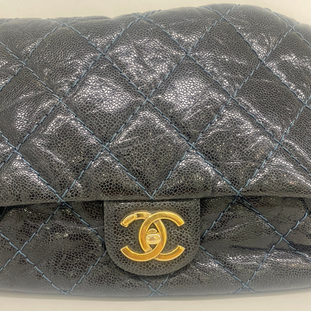 Chanel Large Navy Crinkled Leather Flap Bag - SOLD