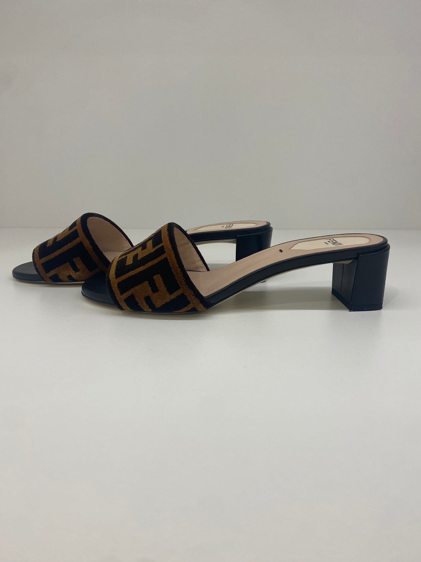 Fendi Logo Heeled Slides 36 SOLD