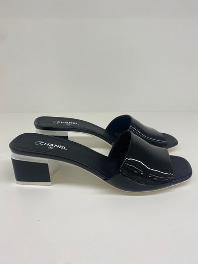 Chanel Black Patent Heeled Mules - Size 41