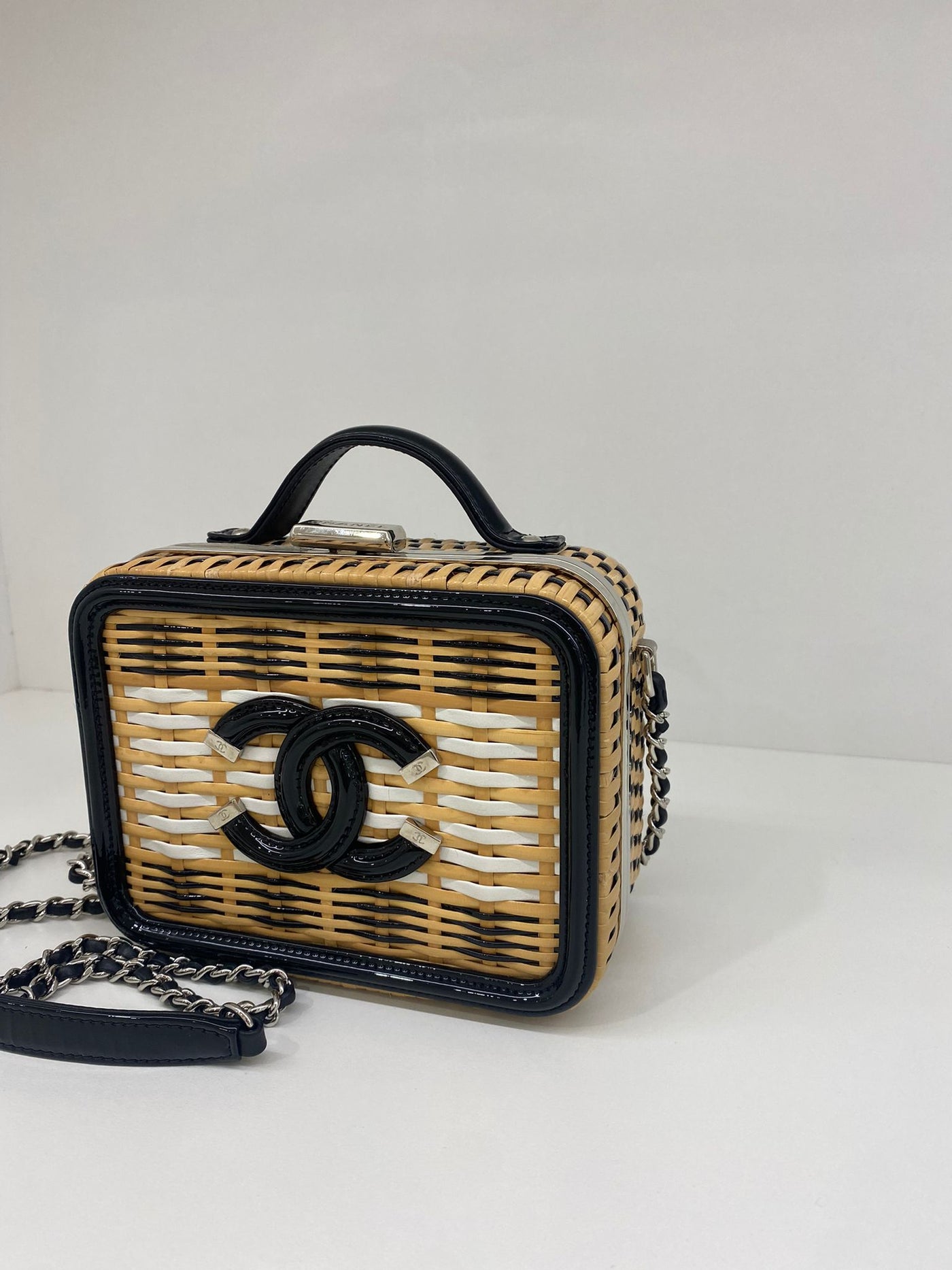 Chanel White/Black Rattan Vanity Bag - SOLD