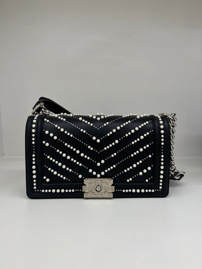 Chanel Medium Boy Bag - Black with Pearl Detail