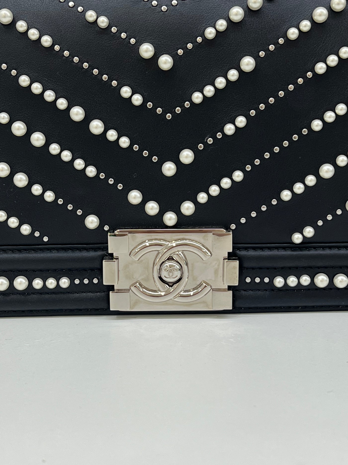 Chanel Medium Boy Bag - Black with Pearl Detail