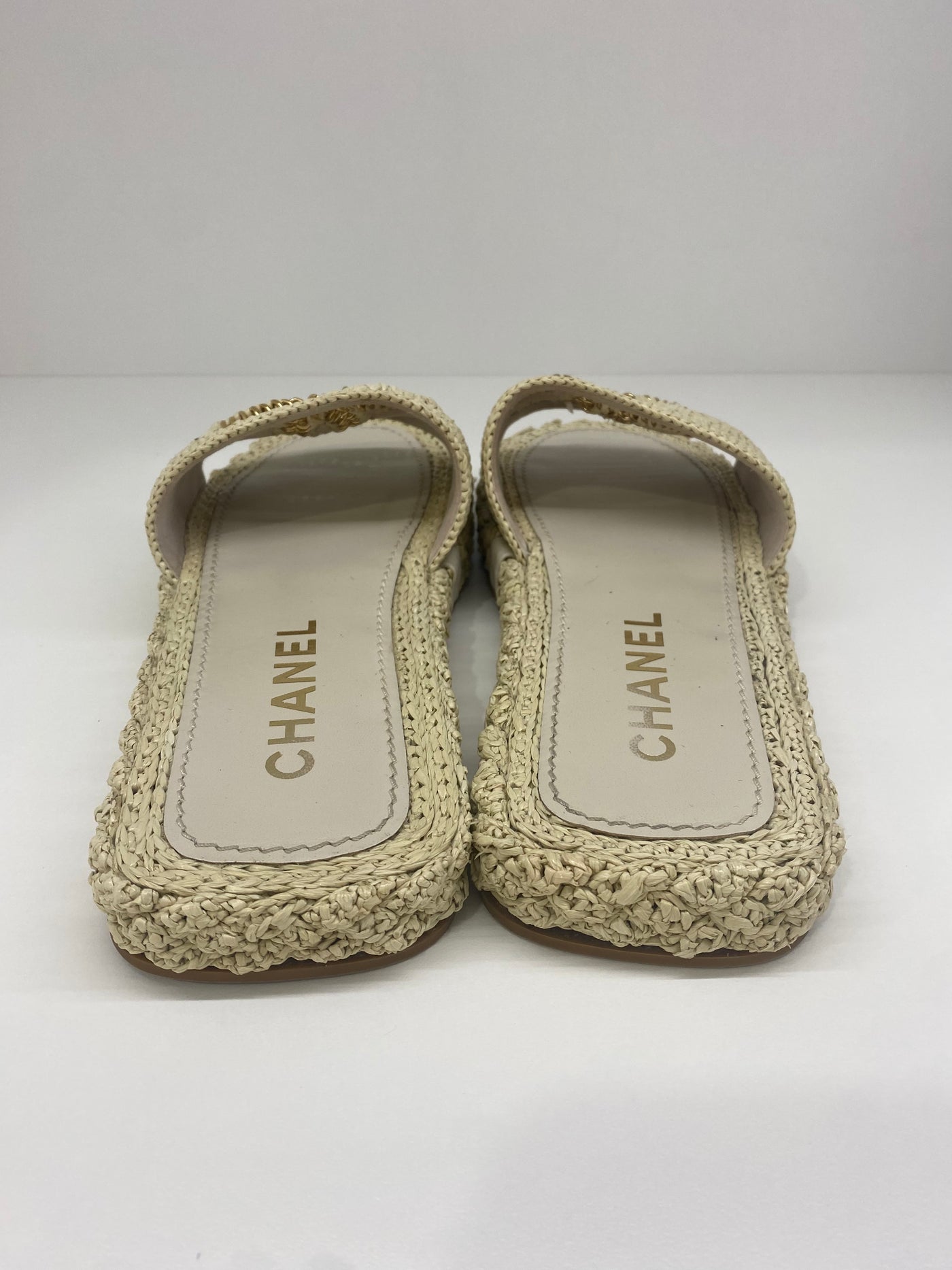 Chanel Beige Woven and Chain Slides Size 41 - SOLD