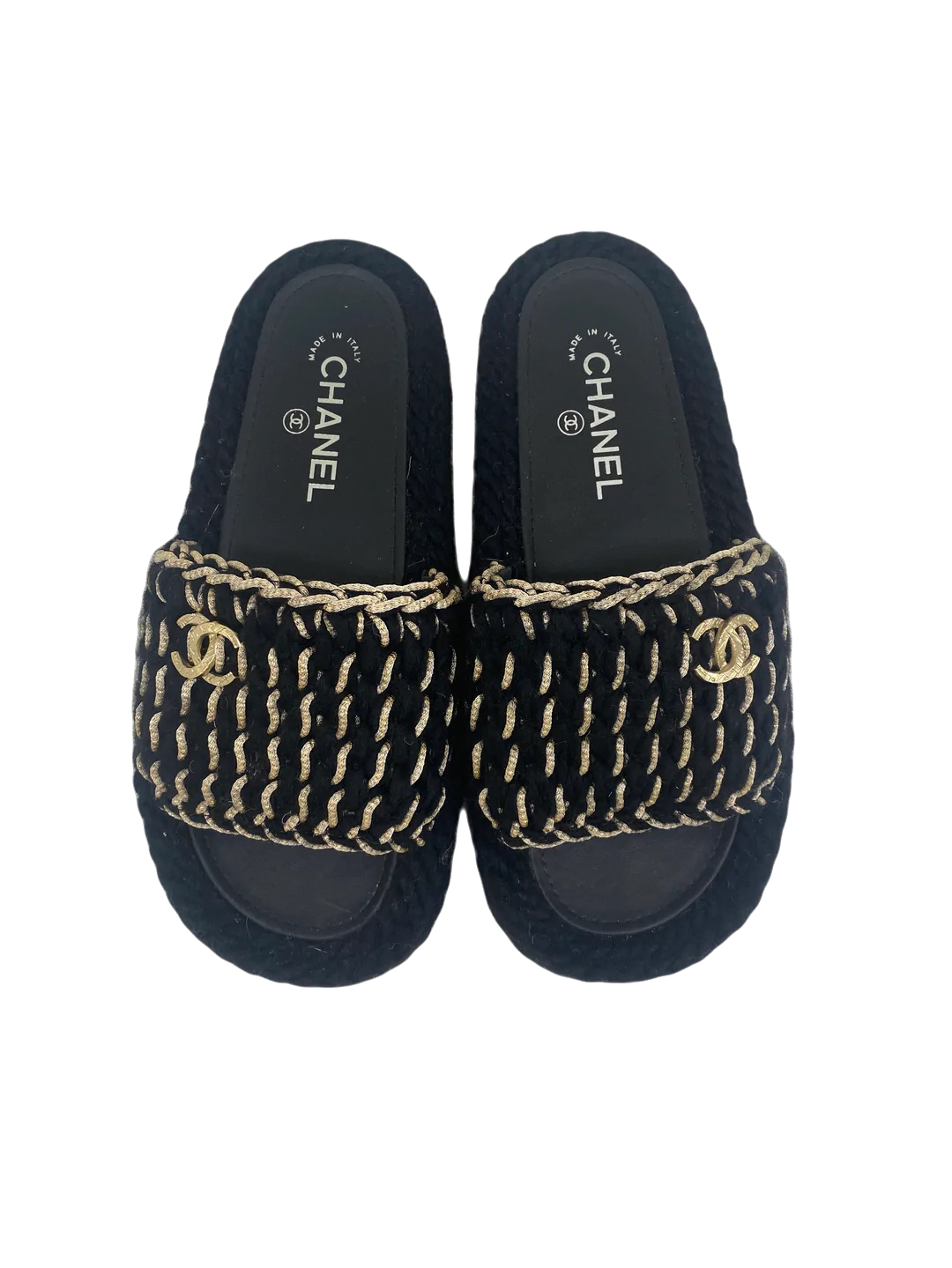 Chanel Black/Gold Woven Slides - Size 38 - SOLD
