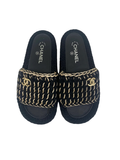 Chanel Black/Gold Woven Slides - Size 38 - SOLD
